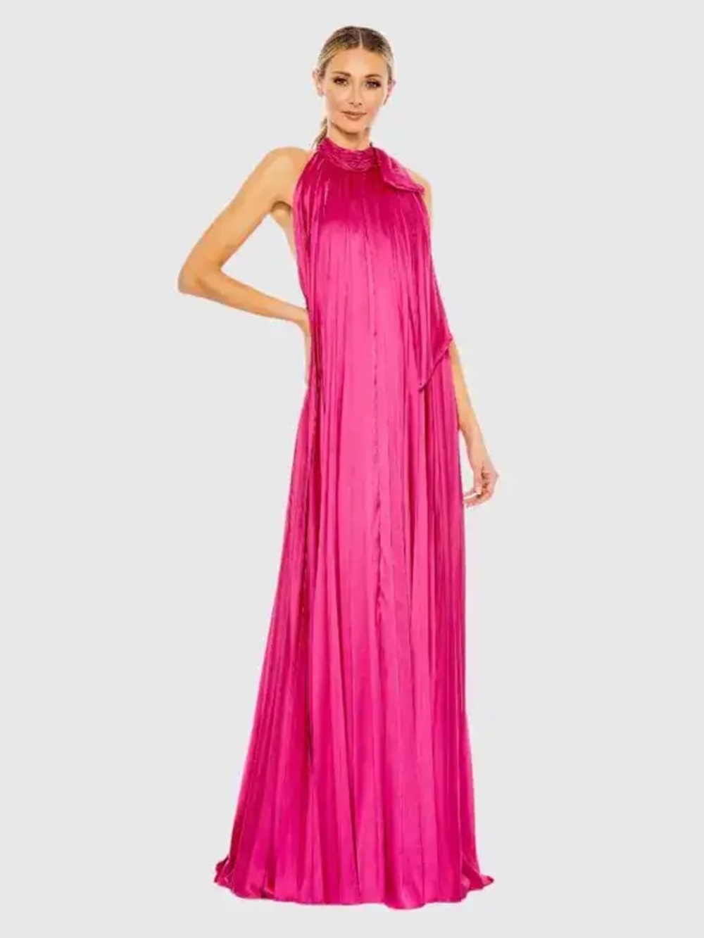 Mac Duggal Halter Neckline Bow Detail Pleated A-line Dress